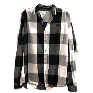 Black and white mens button down with red threading